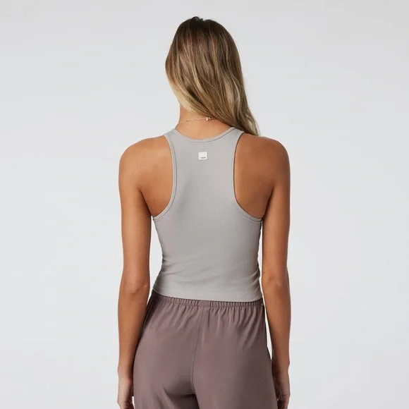 Vuori Women's Ribbed Crop Tank Top in Light Taupe - Picture 2 of 9